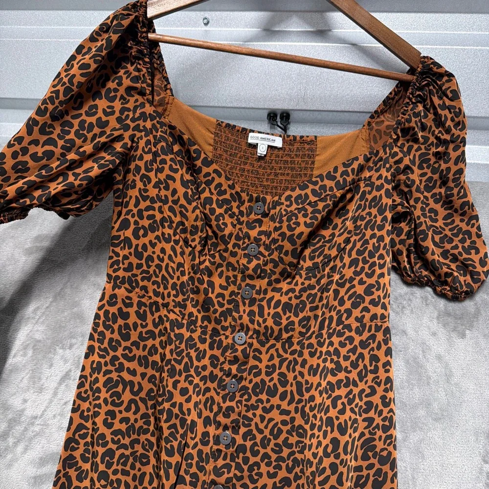 Good American Leopard Print Midi Dress Womens 3 Large Brown Button Front Smocked - Picture 9 of 12